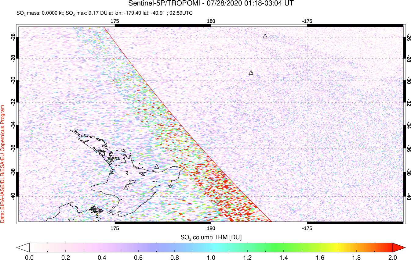 A sulfur dioxide image over New Zealand on Jul 28, 2020.
