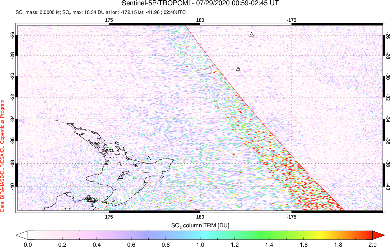A sulfur dioxide image over New Zealand on Jul 29, 2020.