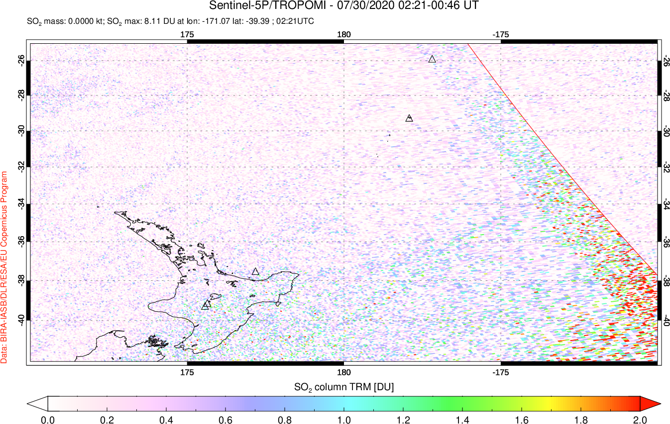 A sulfur dioxide image over New Zealand on Jul 30, 2020.
