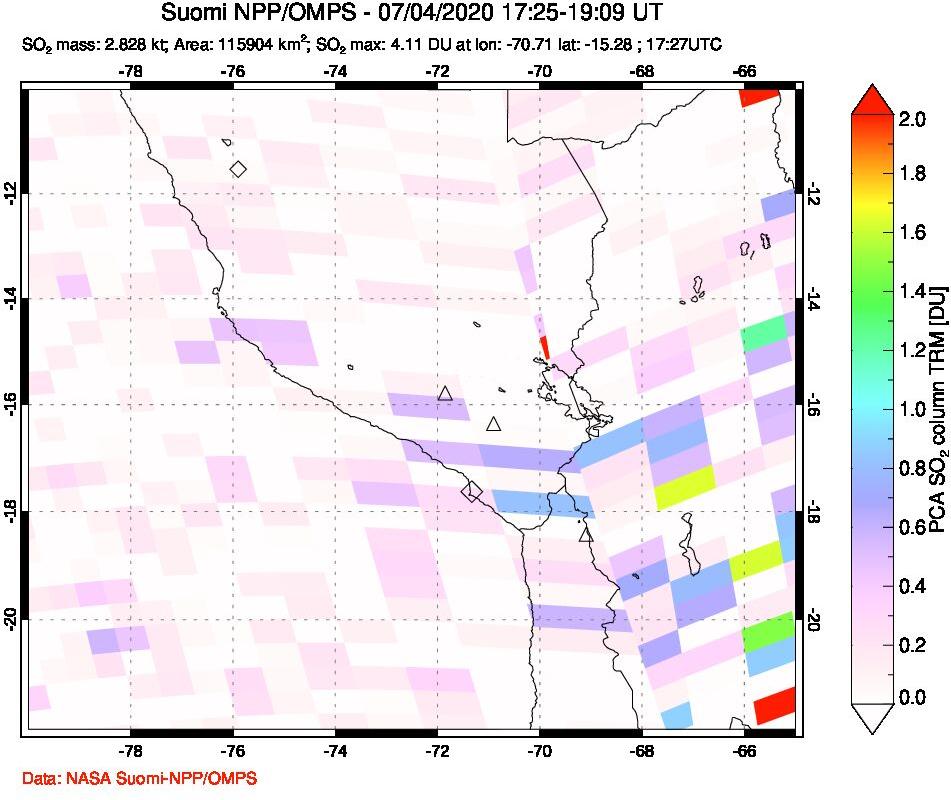 A sulfur dioxide image over Peru on Jul 04, 2020.