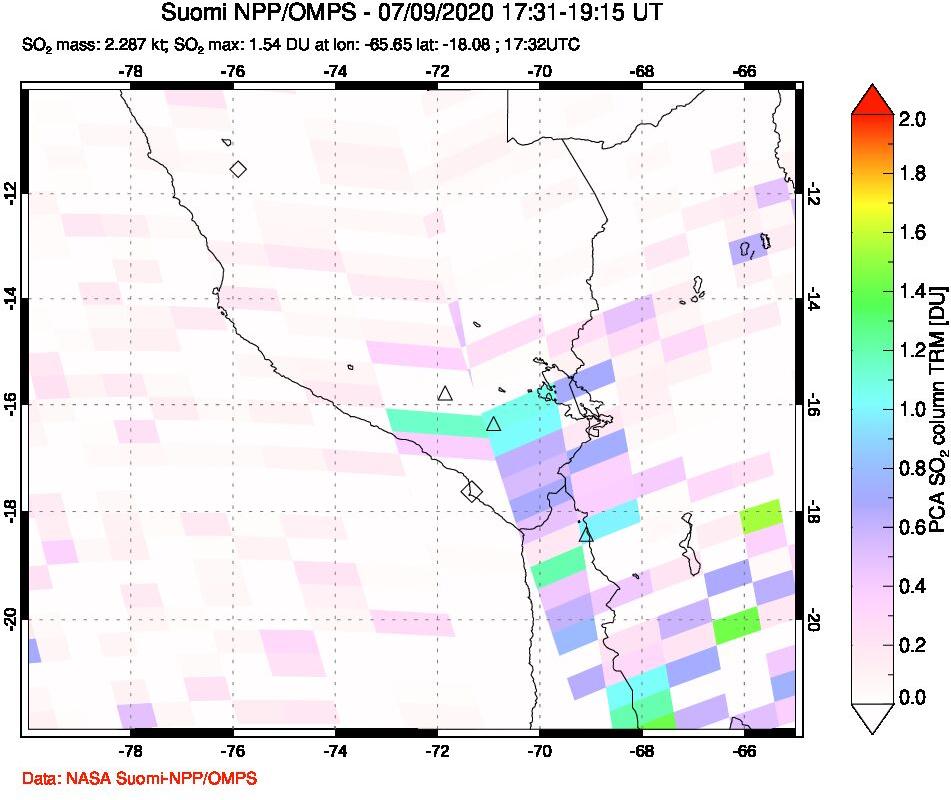 A sulfur dioxide image over Peru on Jul 09, 2020.