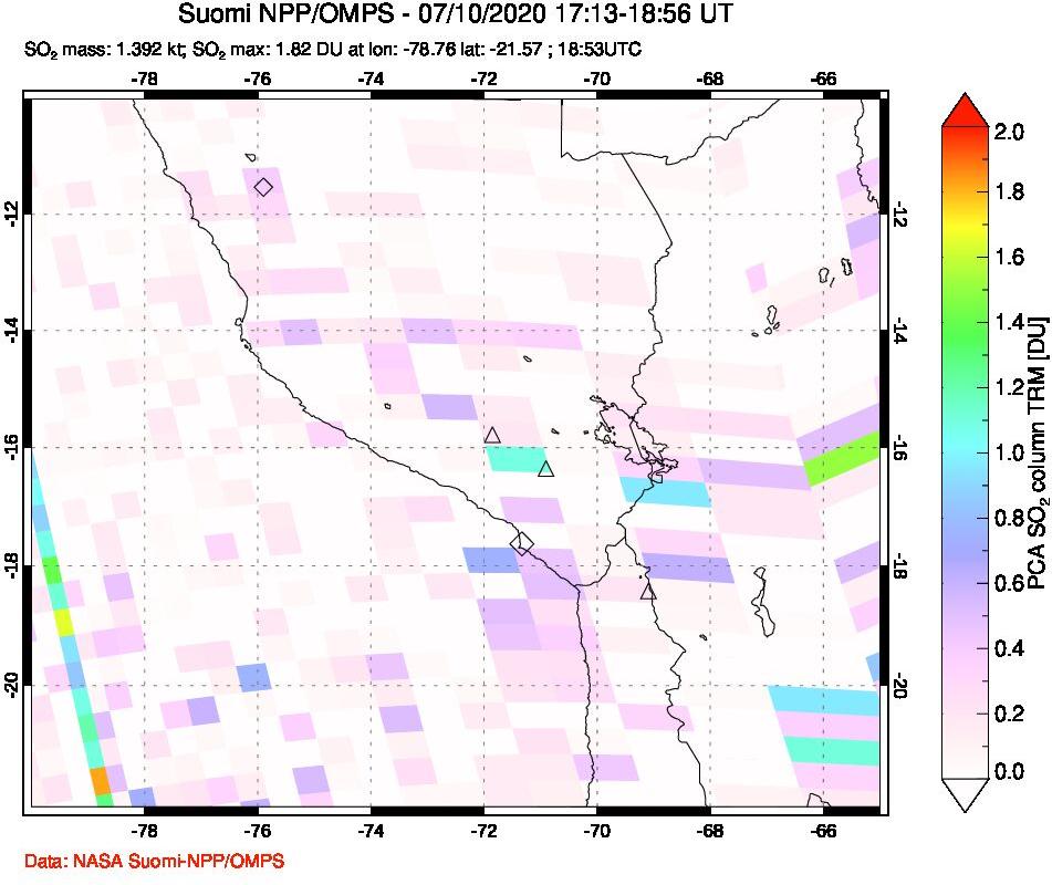 A sulfur dioxide image over Peru on Jul 10, 2020.