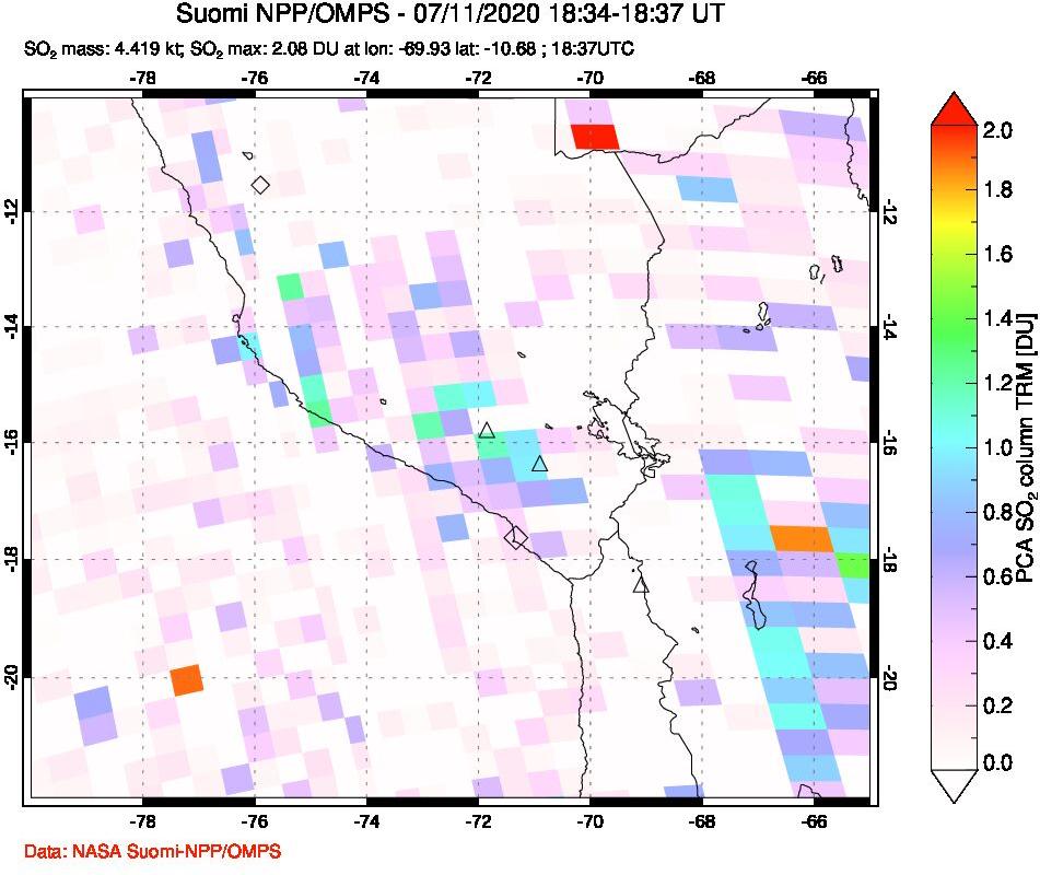 A sulfur dioxide image over Peru on Jul 11, 2020.