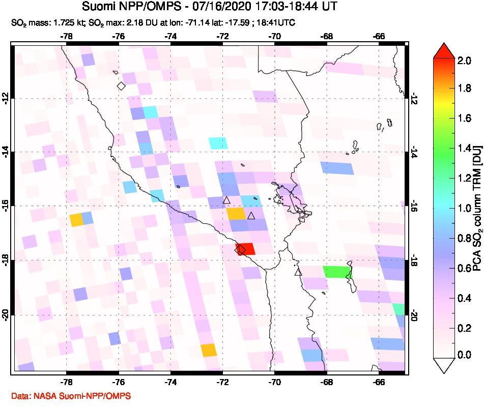 A sulfur dioxide image over Peru on Jul 16, 2020.