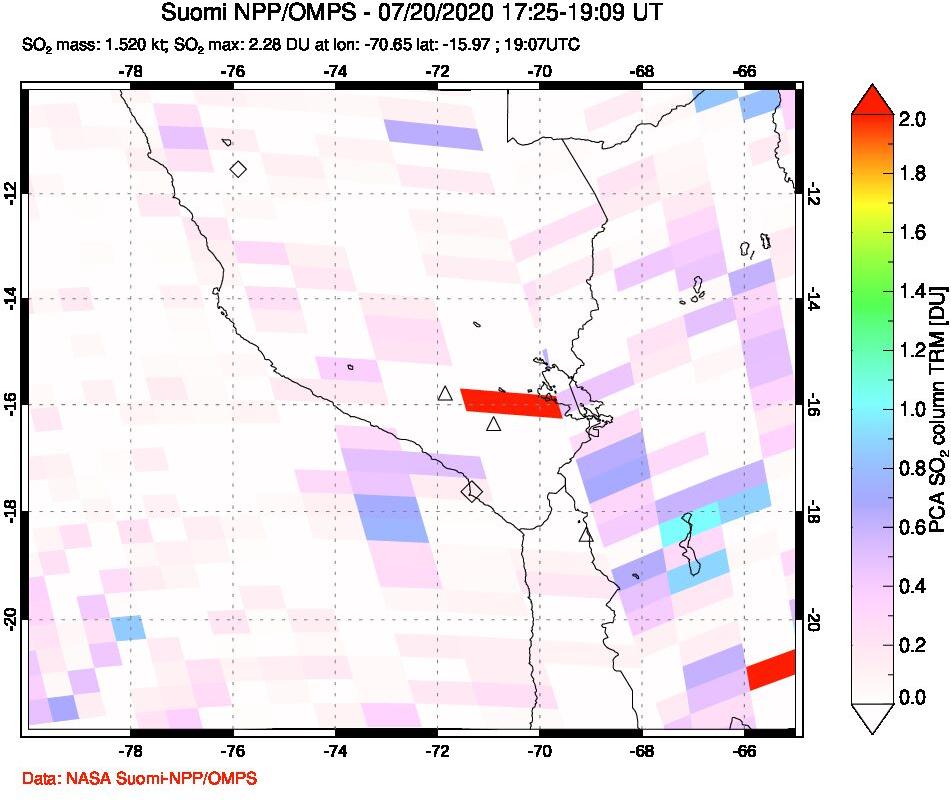 A sulfur dioxide image over Peru on Jul 20, 2020.