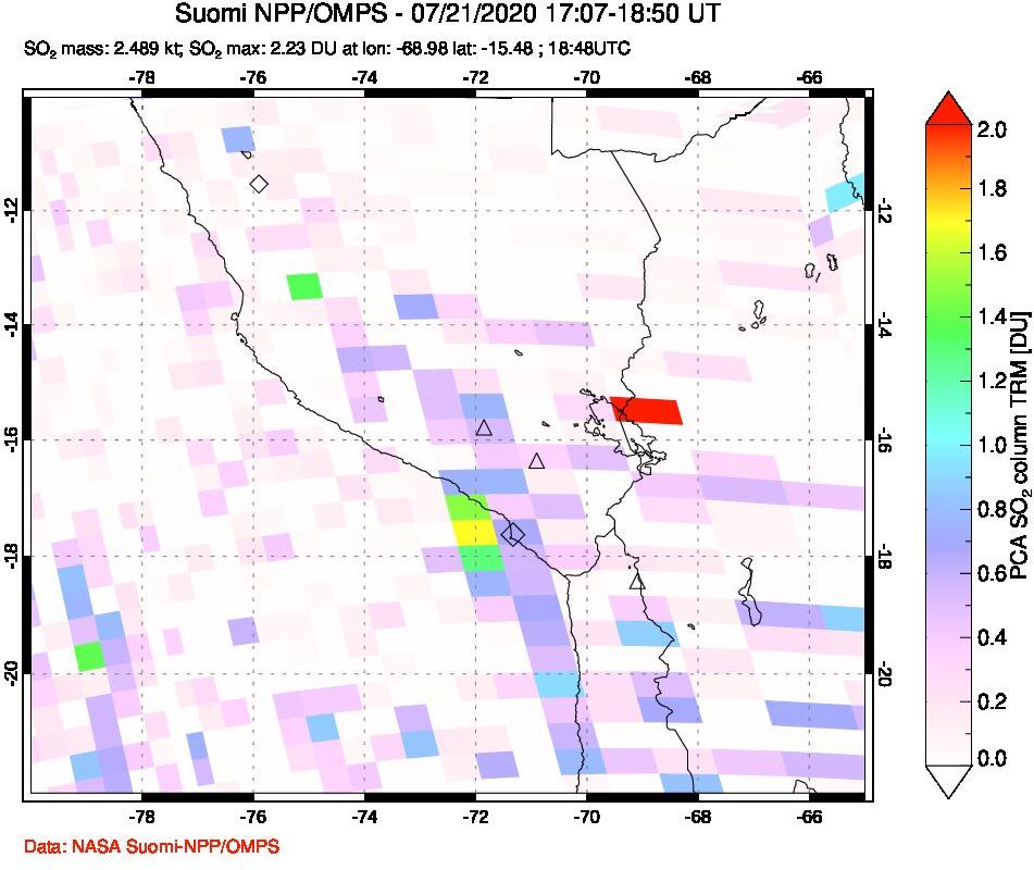 A sulfur dioxide image over Peru on Jul 21, 2020.