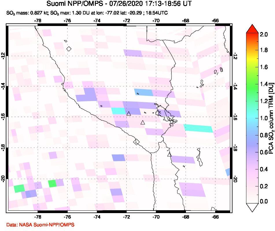 A sulfur dioxide image over Peru on Jul 26, 2020.