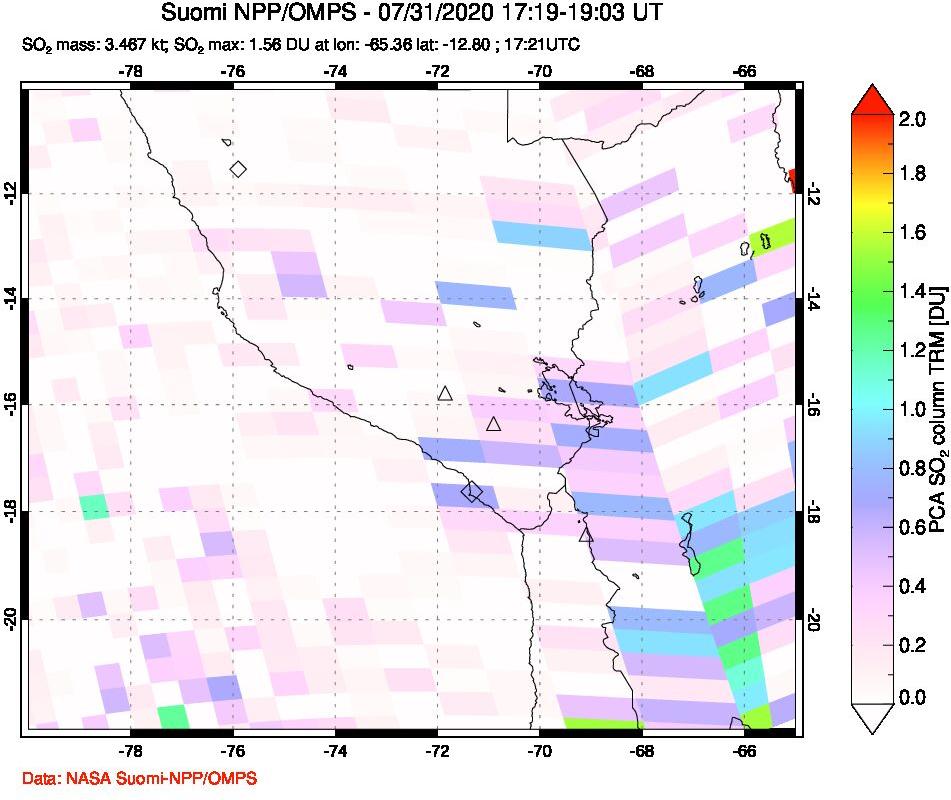 A sulfur dioxide image over Peru on Jul 31, 2020.