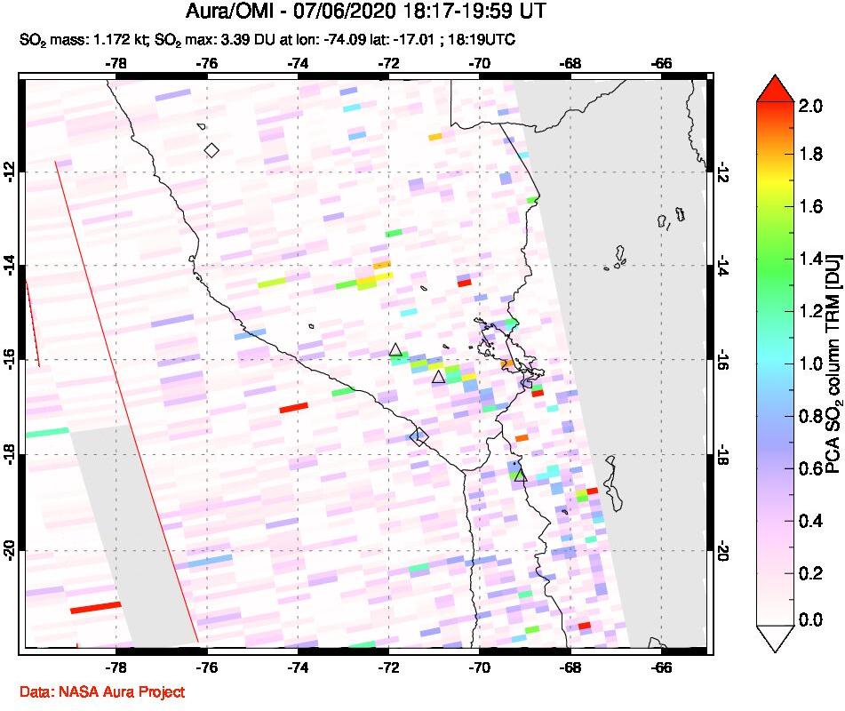 A sulfur dioxide image over Peru on Jul 06, 2020.