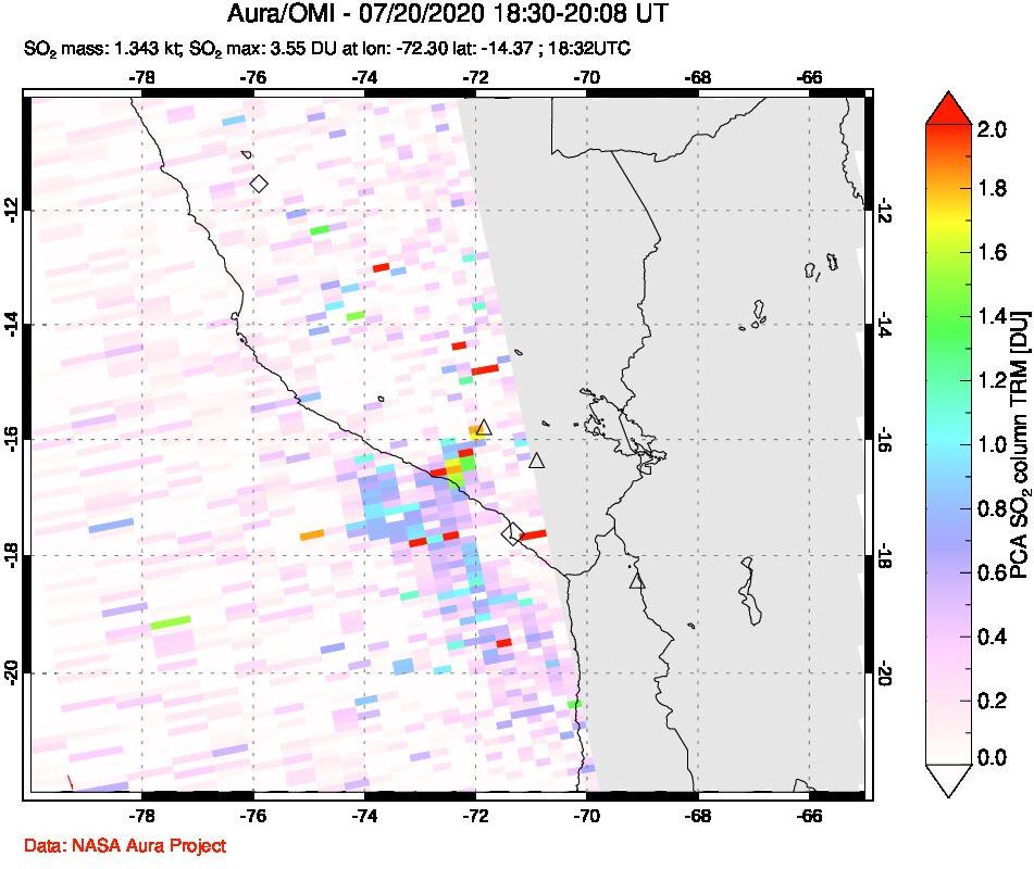 A sulfur dioxide image over Peru on Jul 20, 2020.