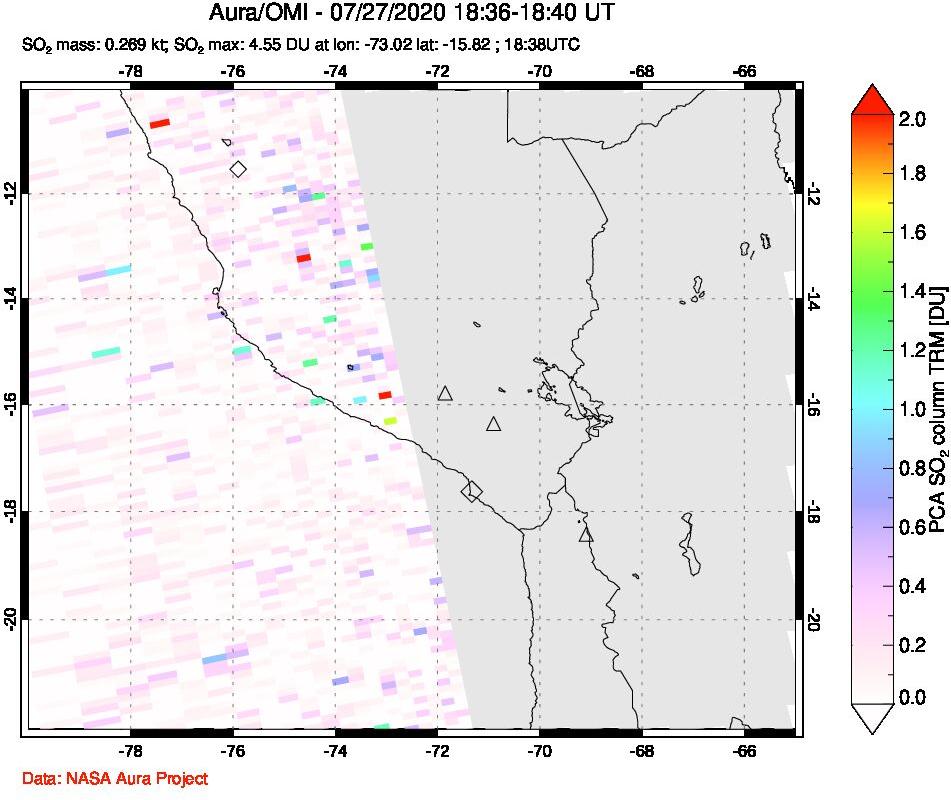 A sulfur dioxide image over Peru on Jul 27, 2020.