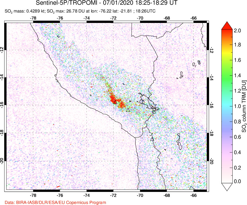 A sulfur dioxide image over Peru on Jul 01, 2020.