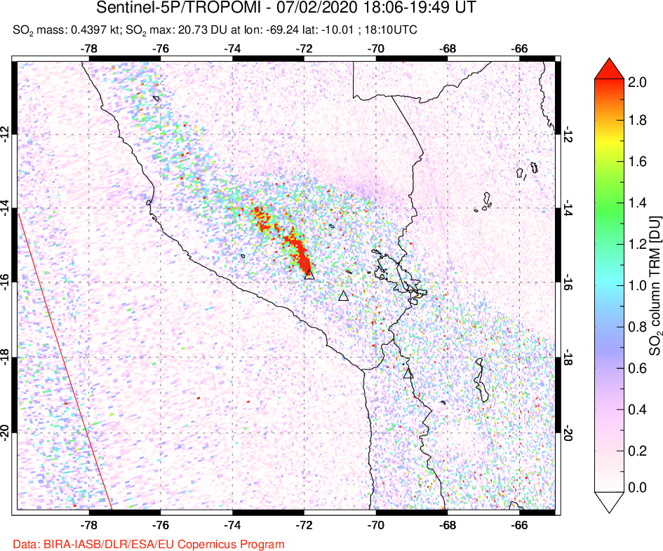 A sulfur dioxide image over Peru on Jul 02, 2020.
