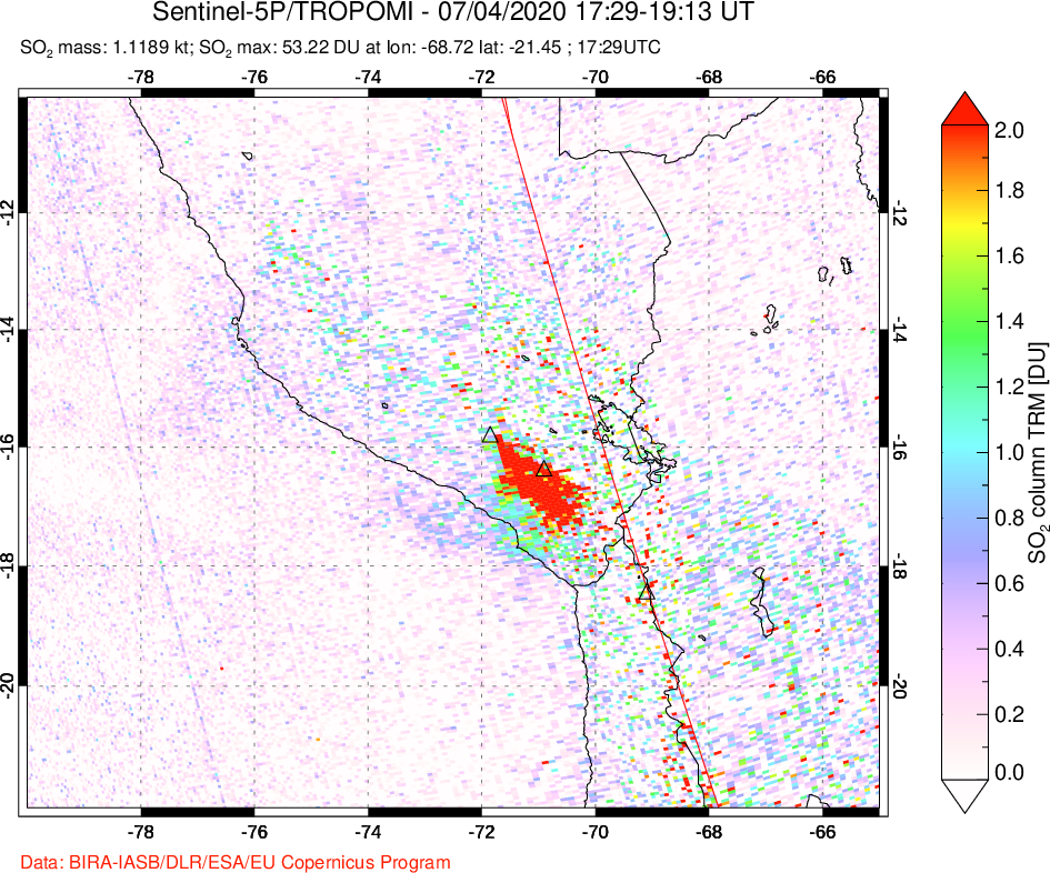A sulfur dioxide image over Peru on Jul 04, 2020.