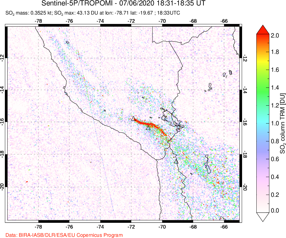 A sulfur dioxide image over Peru on Jul 06, 2020.