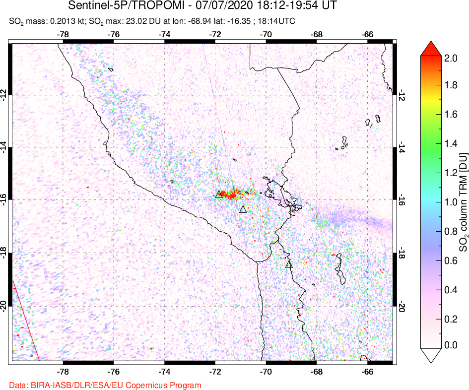A sulfur dioxide image over Peru on Jul 07, 2020.