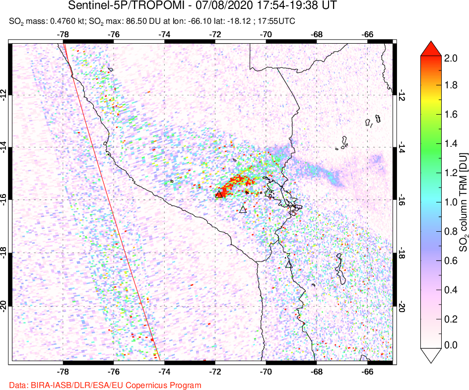 A sulfur dioxide image over Peru on Jul 08, 2020.