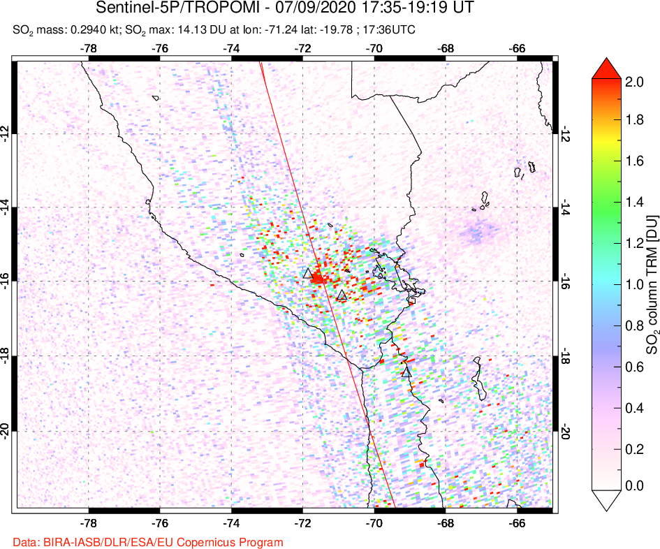 A sulfur dioxide image over Peru on Jul 09, 2020.