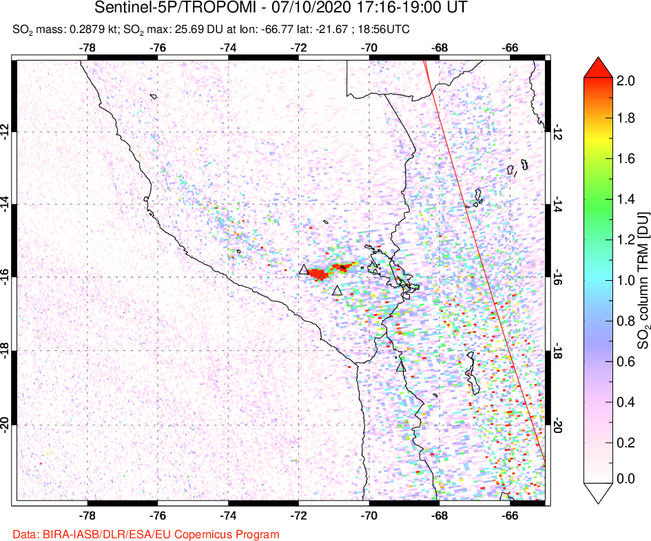 A sulfur dioxide image over Peru on Jul 10, 2020.