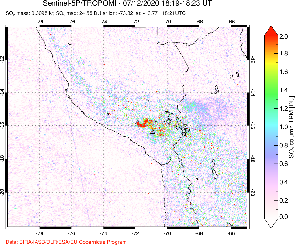 A sulfur dioxide image over Peru on Jul 12, 2020.