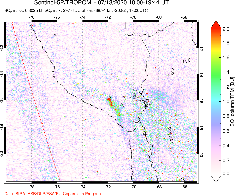 A sulfur dioxide image over Peru on Jul 13, 2020.