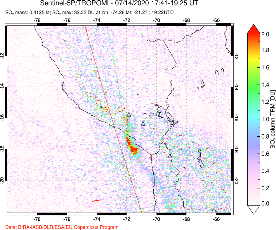 A sulfur dioxide image over Peru on Jul 14, 2020.