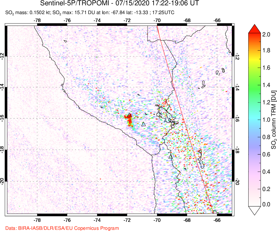 A sulfur dioxide image over Peru on Jul 15, 2020.