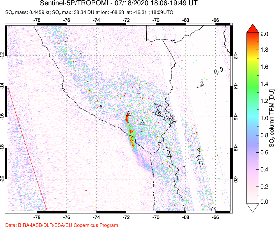 A sulfur dioxide image over Peru on Jul 18, 2020.