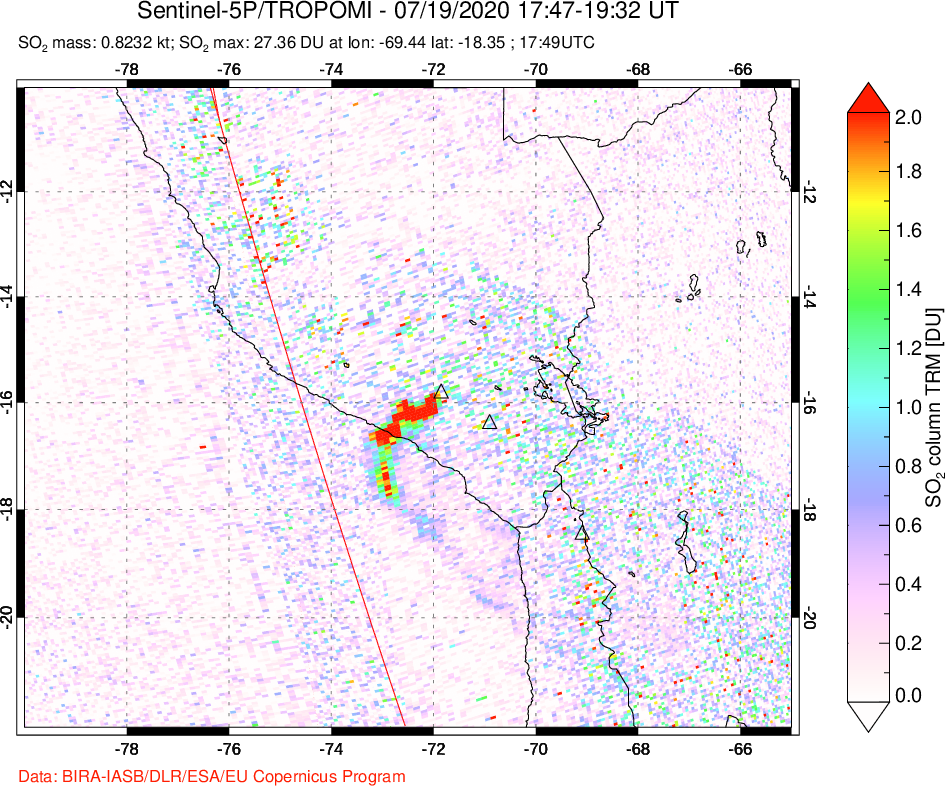 A sulfur dioxide image over Peru on Jul 19, 2020.