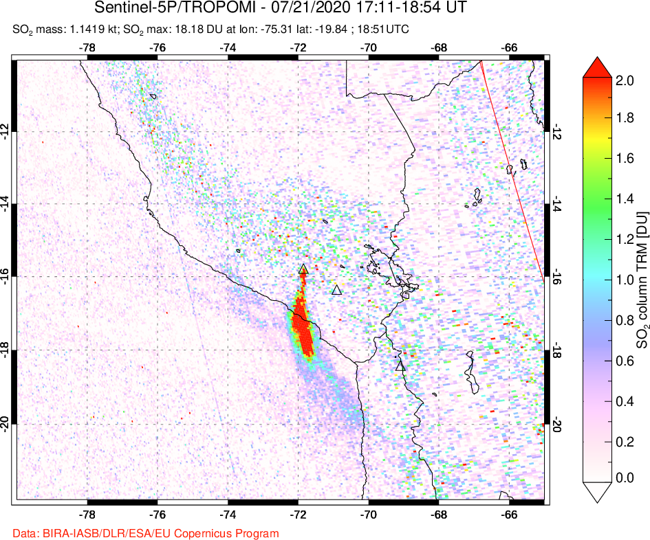 A sulfur dioxide image over Peru on Jul 21, 2020.