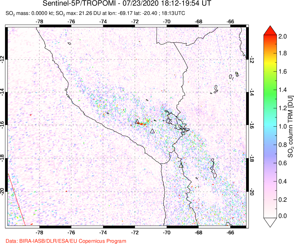 A sulfur dioxide image over Peru on Jul 23, 2020.