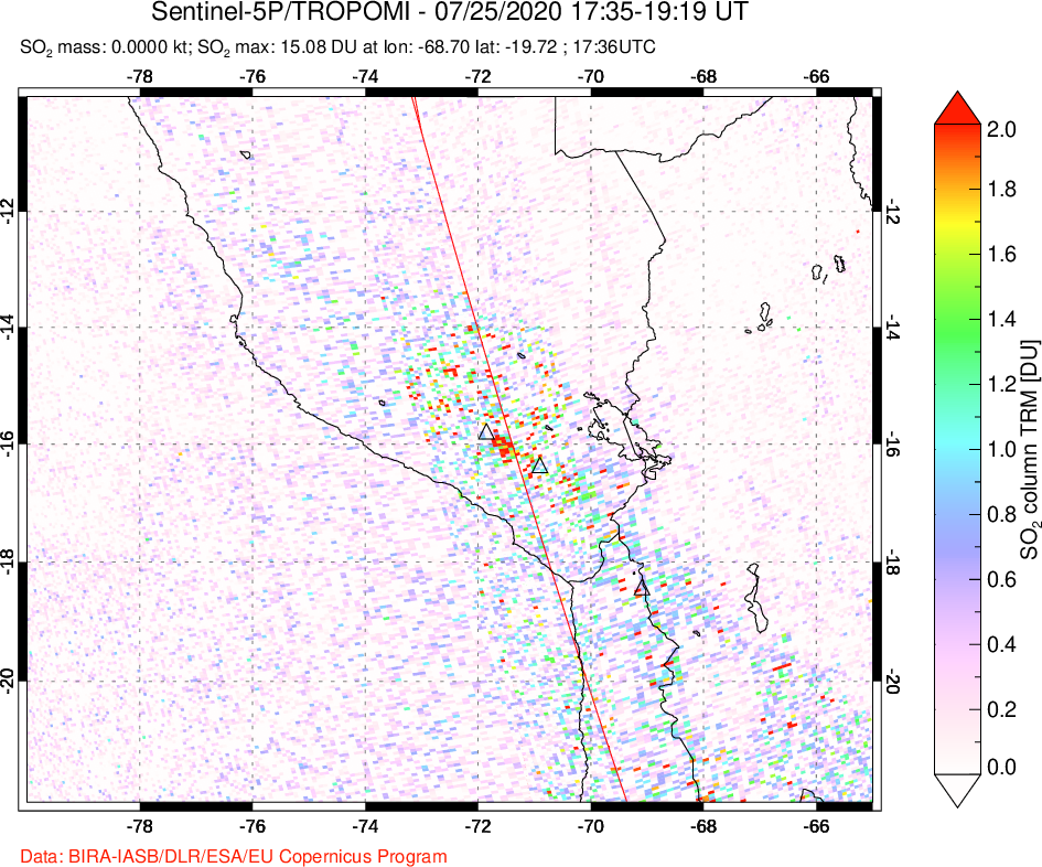 A sulfur dioxide image over Peru on Jul 25, 2020.