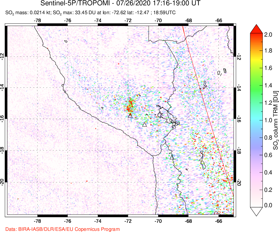 A sulfur dioxide image over Peru on Jul 26, 2020.