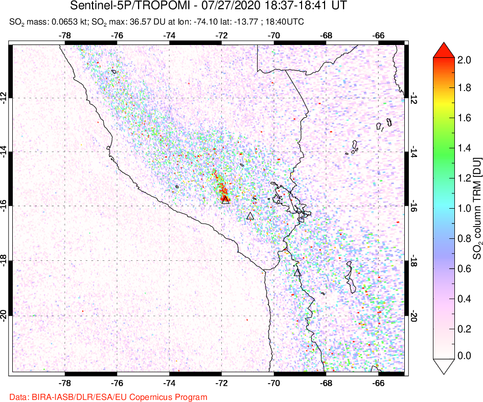 A sulfur dioxide image over Peru on Jul 27, 2020.
