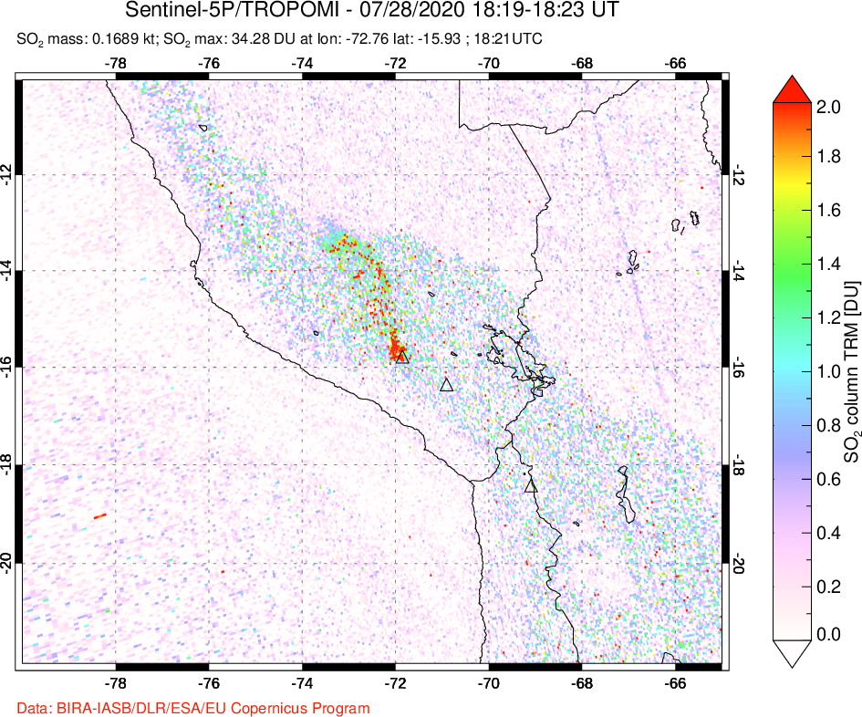 A sulfur dioxide image over Peru on Jul 28, 2020.