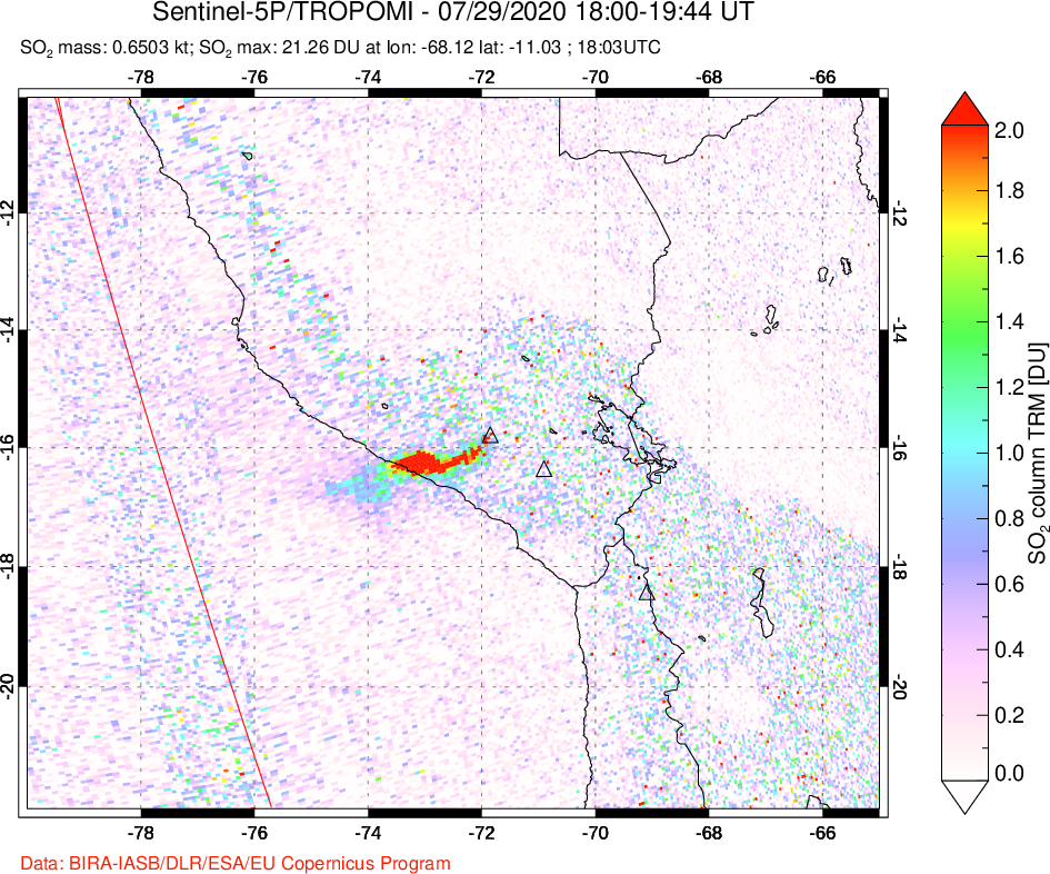 A sulfur dioxide image over Peru on Jul 29, 2020.