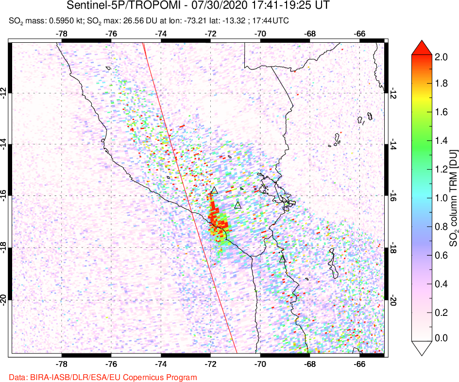 A sulfur dioxide image over Peru on Jul 30, 2020.