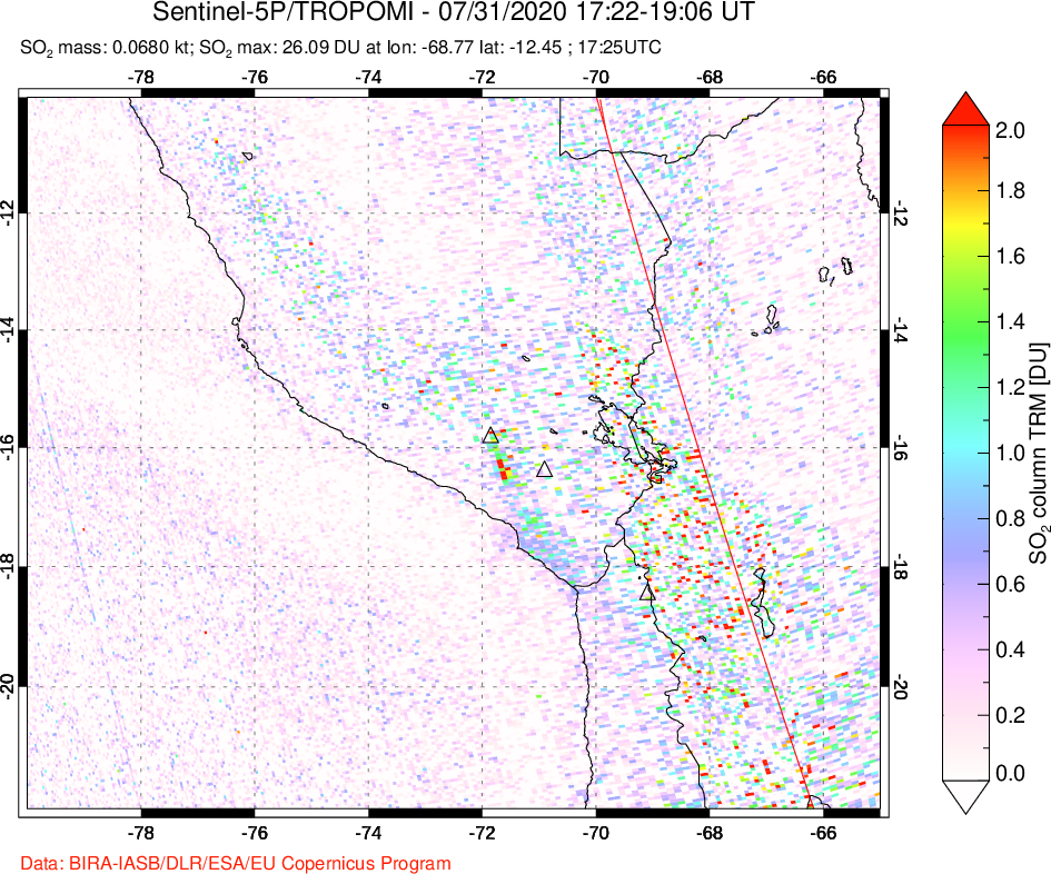 A sulfur dioxide image over Peru on Jul 31, 2020.