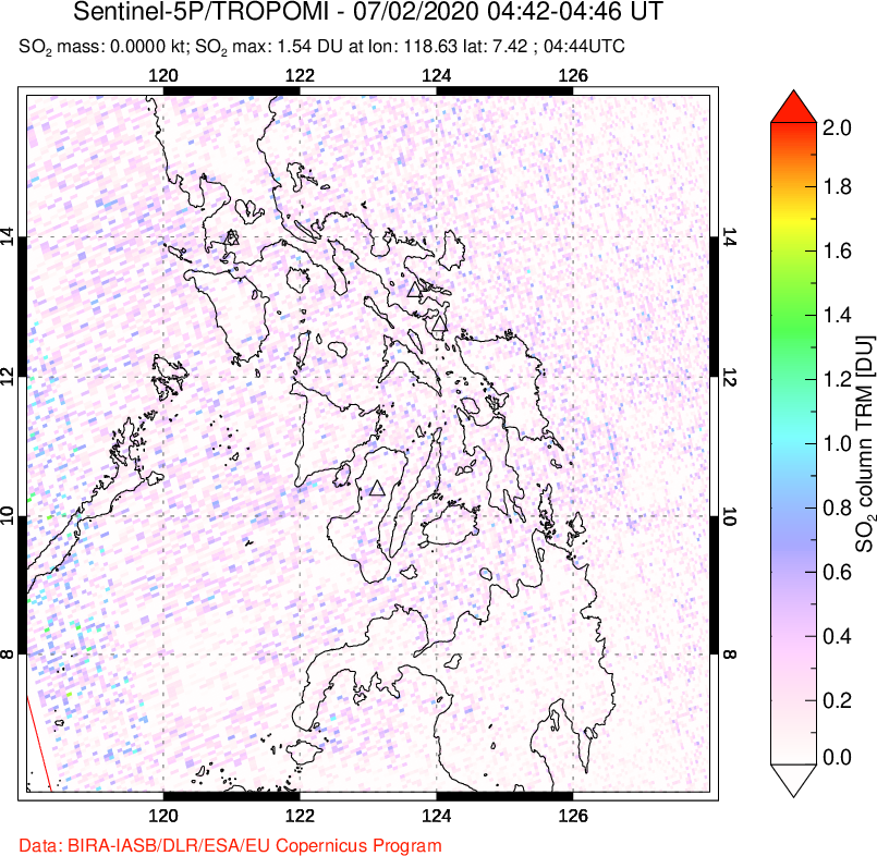 A sulfur dioxide image over Philippines on Jul 02, 2020.