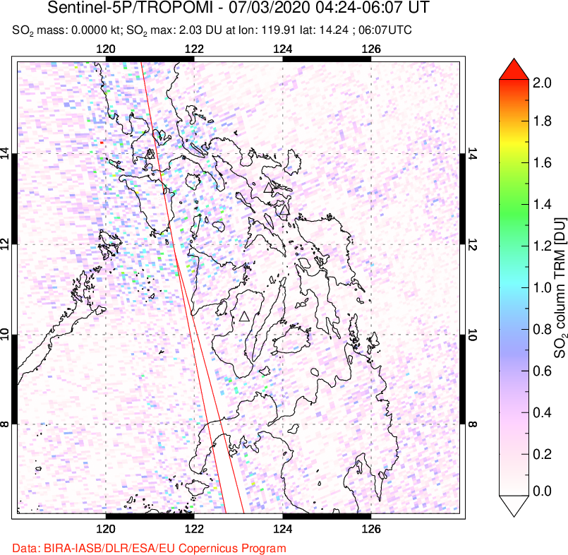 A sulfur dioxide image over Philippines on Jul 03, 2020.