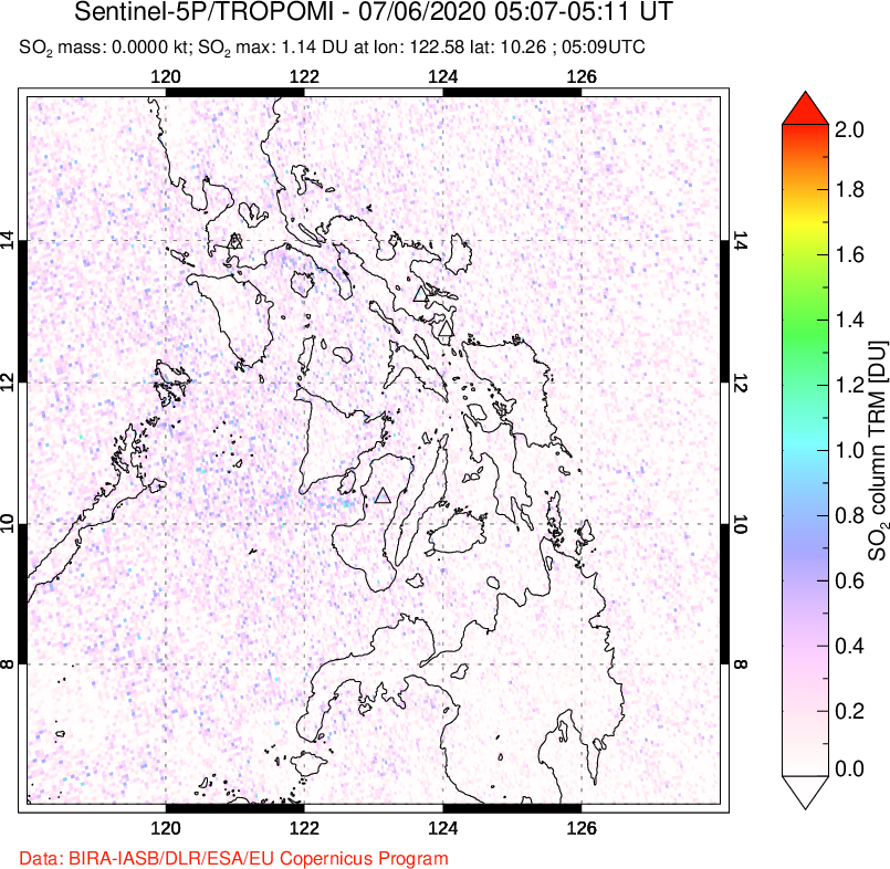 A sulfur dioxide image over Philippines on Jul 06, 2020.