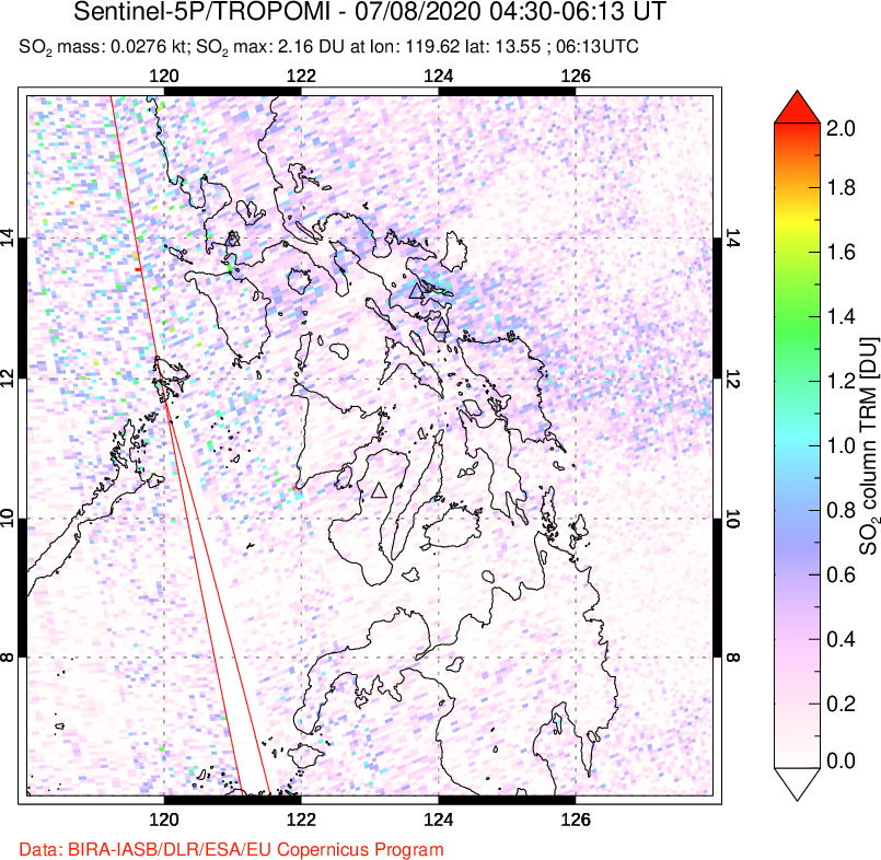 A sulfur dioxide image over Philippines on Jul 08, 2020.