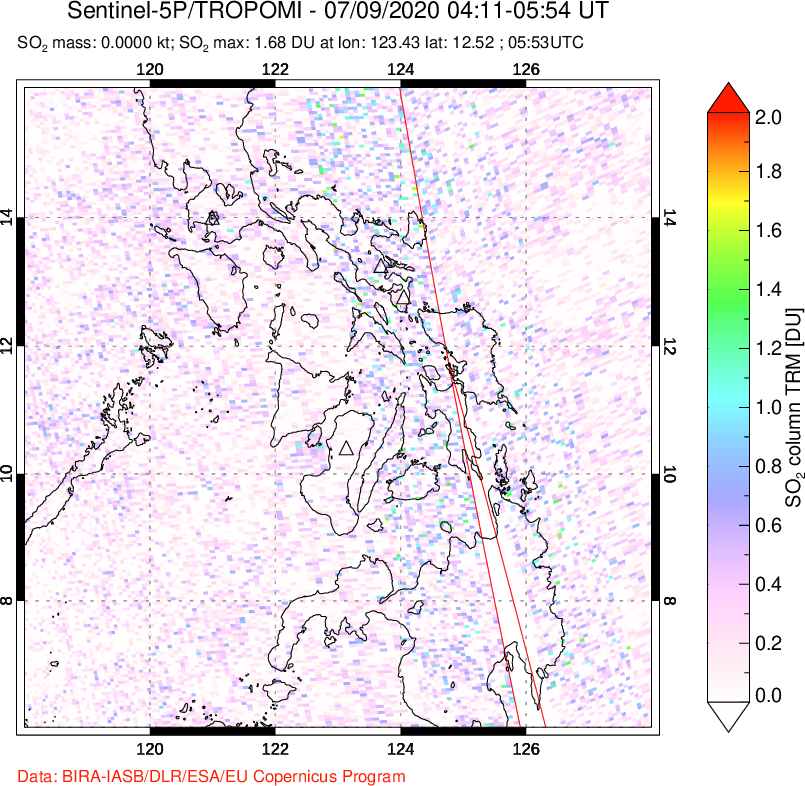 A sulfur dioxide image over Philippines on Jul 09, 2020.