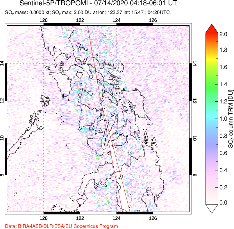 A sulfur dioxide image over Philippines on Jul 14, 2020.