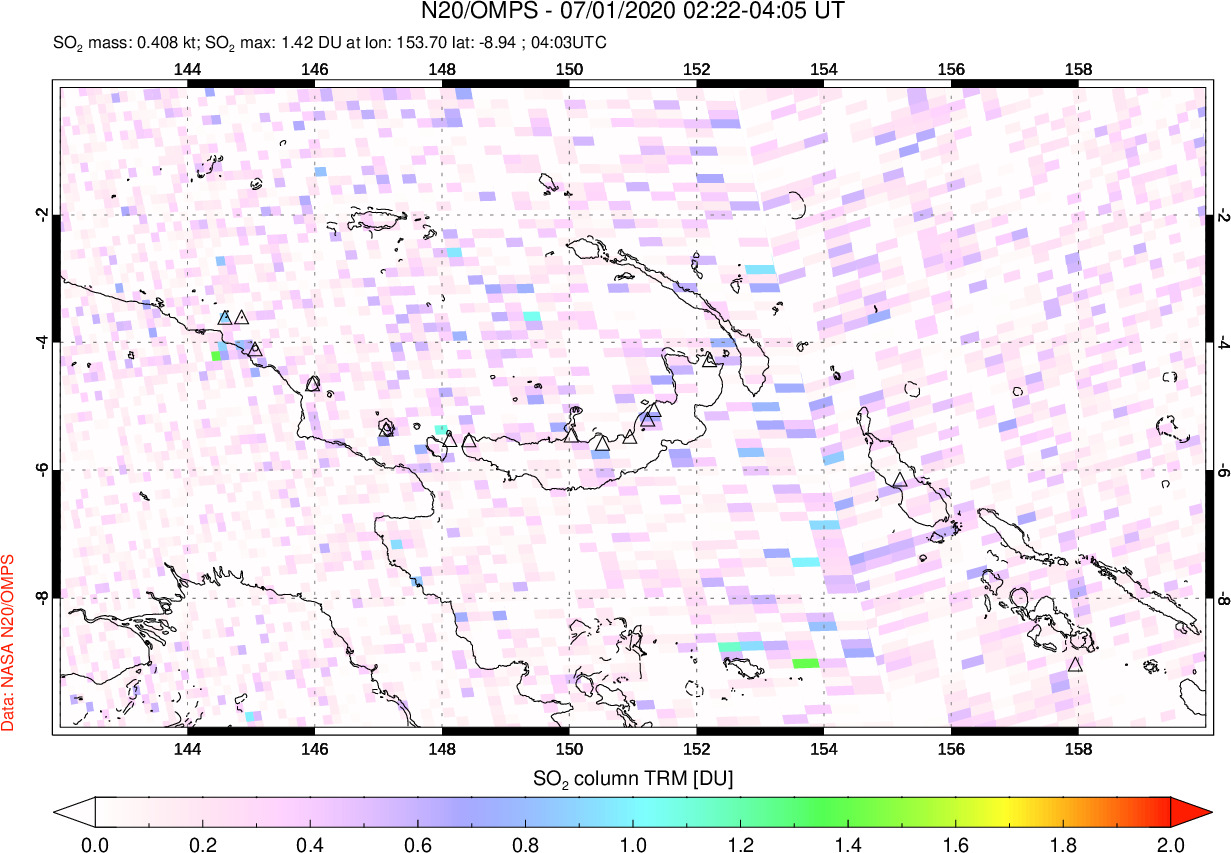 A sulfur dioxide image over Papua, New Guinea on Jul 01, 2020.