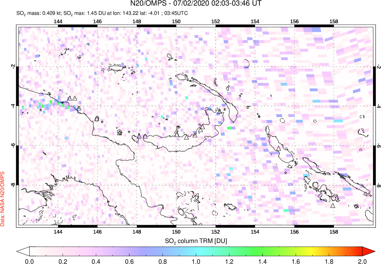 A sulfur dioxide image over Papua, New Guinea on Jul 02, 2020.