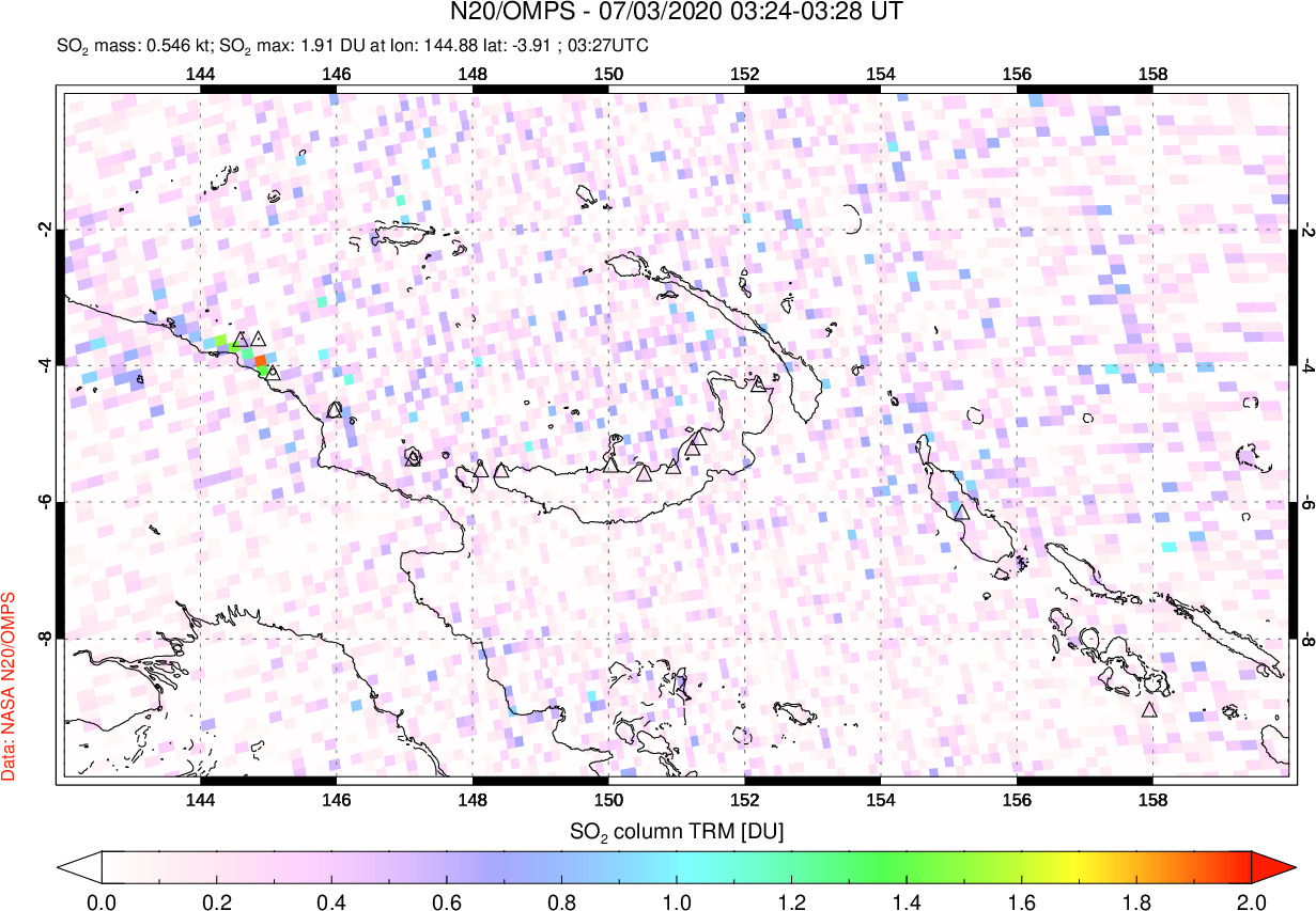 A sulfur dioxide image over Papua, New Guinea on Jul 03, 2020.