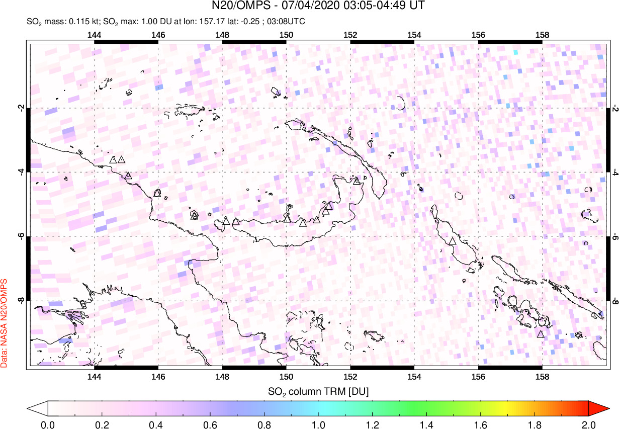 A sulfur dioxide image over Papua, New Guinea on Jul 04, 2020.