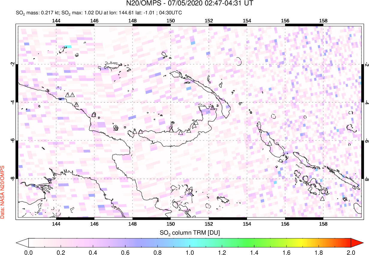 A sulfur dioxide image over Papua, New Guinea on Jul 05, 2020.