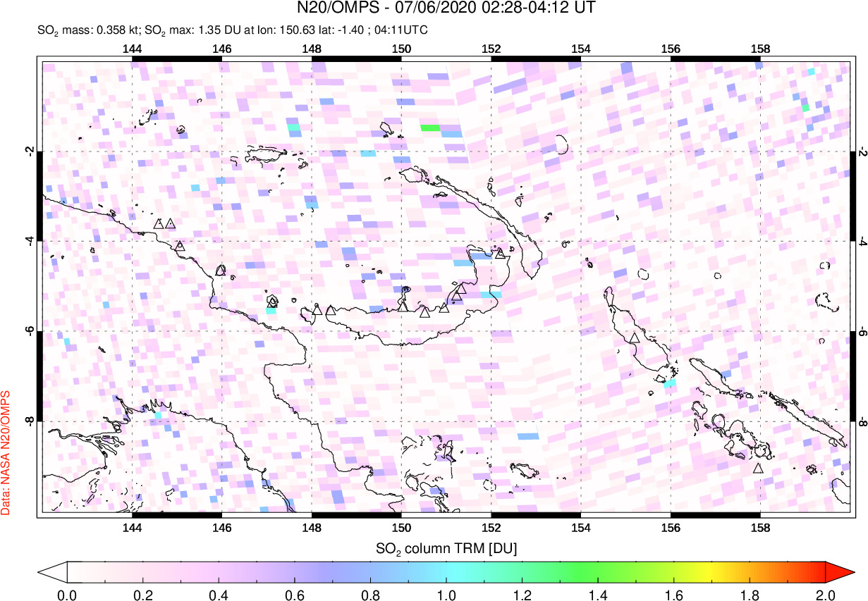 A sulfur dioxide image over Papua, New Guinea on Jul 06, 2020.